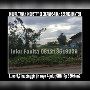 Dijual tanah industri di Cikande Serang