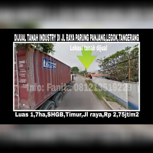 Dijual tanah industri di Legok Tangerang