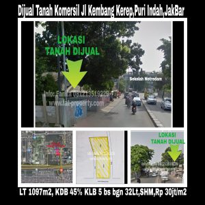 Dijual kavling komersil samping fly over sebrang Sekolah Notredam,Jl Kembang Kerep,Puri Indah,Jakarta Barat.