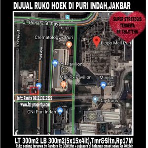 Dijual ruko hoek/sudut hadap perempatan Jl Raya Puri Indah,Jakarta Barat.
