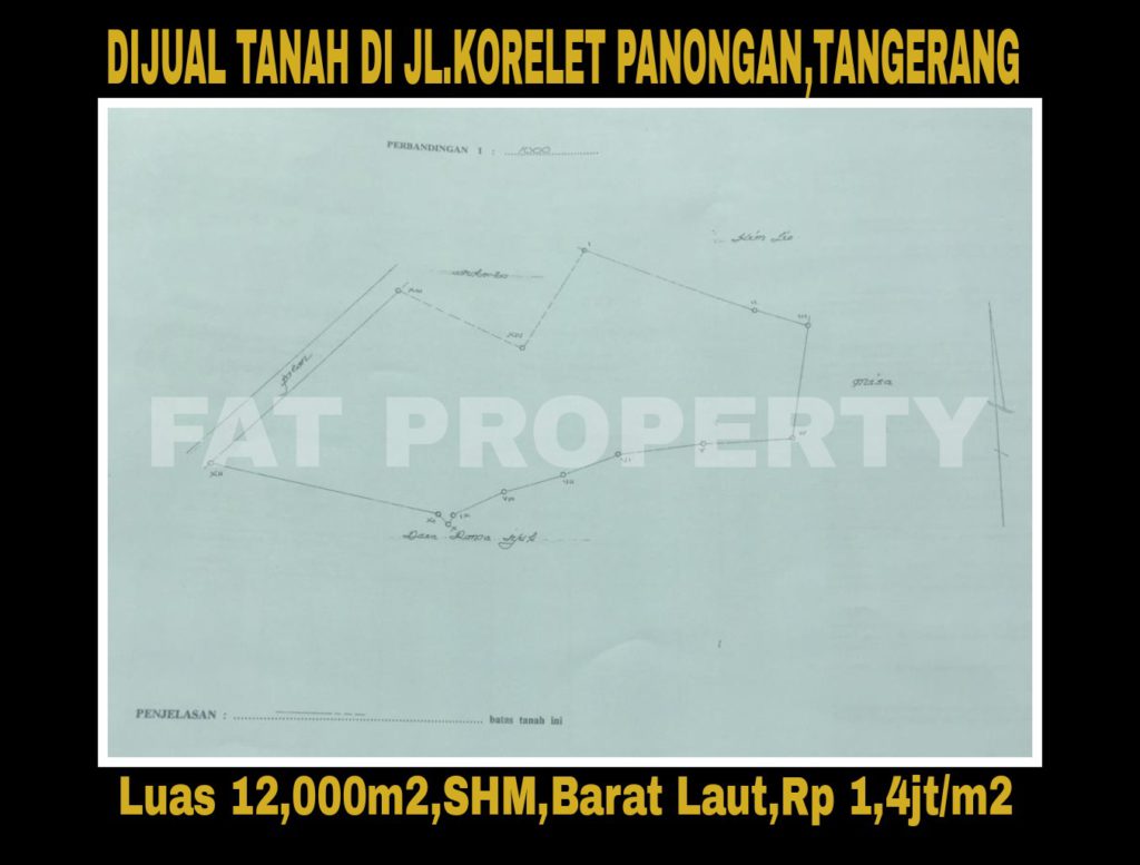 Dijual tanah 1,2 Ha di Jl Raya Korelet Panongan,Tangerang.