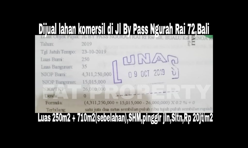 Dijual 2 lahan komersil bagus di pinggir jalan Jl By Pass Ngurah Rai no 72,Bali. 