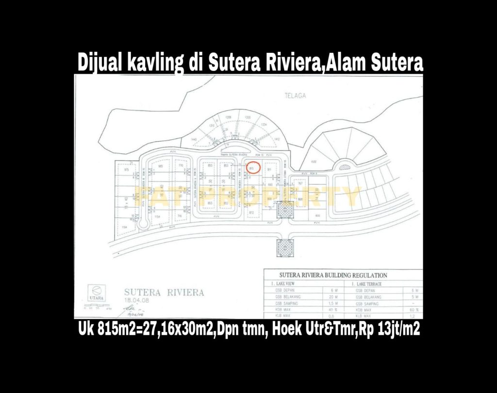 Dijual kavling perumahan elite di Sutera Riviera 1 no 1,Alam Sutera.