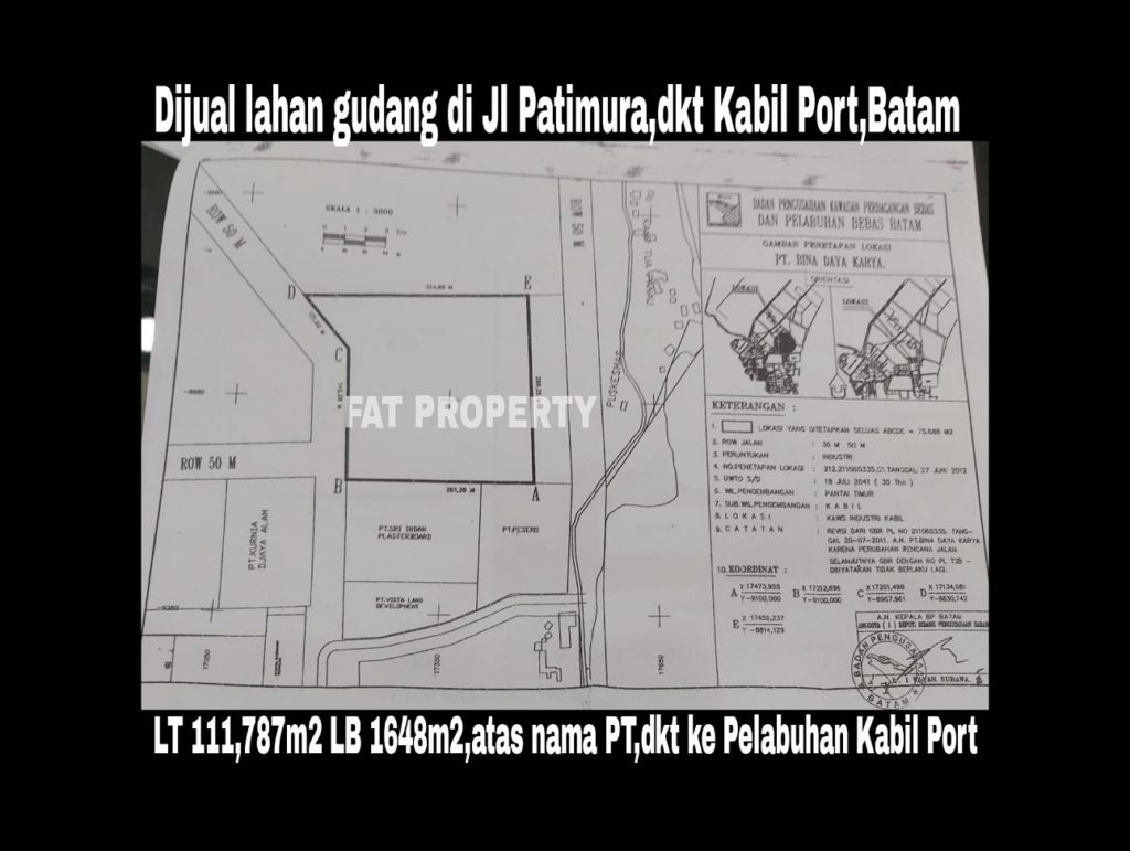 Dijual lahan pergudangan di Jl Patimura,dekat Pelabuhan PTK Port Kabil,Batam.