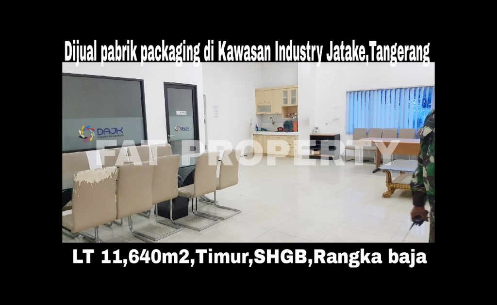 Dijual pabrik ex packaging di Kawasan Industri Jatake, Jalan Industri II Blok G1 No. 8, Desa Pasir Jaya, Kecamatan Jatiuwung, Kota Tangerang, Provinsi Banten.