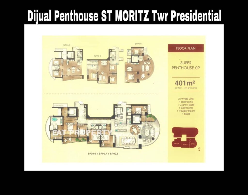 Dijual Penthouse ST MORITZ Tower Presidential, tower paling ekslusif hanya 4 unit per lantai posisi paling private di ujung kompleks ST MORITZ.